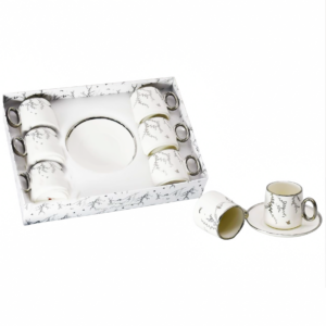 Set 6 tazas y platos de porcelana - Diseño Hojas y Aves.