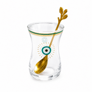 Vaso de vidrio y cuchara diseño ojo turco  CELESTE, caja blanca (KX 2663-S-EYW-18S)2S)