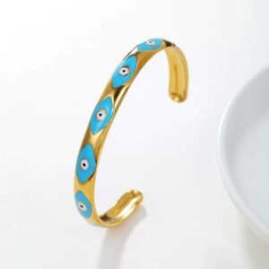 Brazalete abierto, acero inoxidable, dorado ojos turcos turquesa