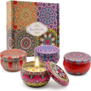 Set 4 velas aromaticas, recipiente metalico diseño de mandalas