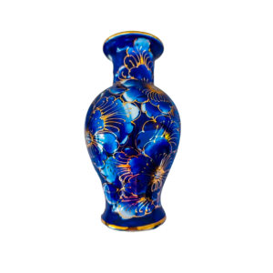 Jarrón decorativo de porcelana tailandesa de 9 pulgadas, pintado a mano con motivos florales en azul y dorado