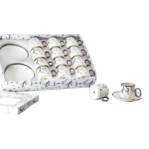 Set 12 tazas, 12 platos porcelana, dise?o hojas y aves (KX 3178-S-WCY-24S)