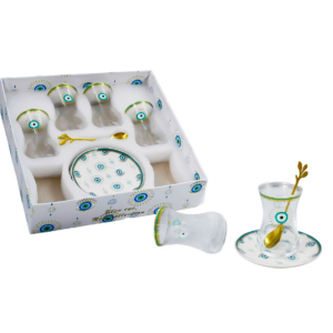 Set 6 vasos vidrio, 6 platos porcelana, 6 cucharas,diseño ojo turco, caja azul (KX 2663A-S-W-18S)