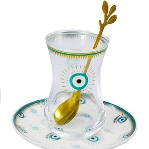 Vaso de vidrio y cuchara diseño ojo turco  CELESTE, caja blanca (KX 2663-S-EYW-18S)2S)