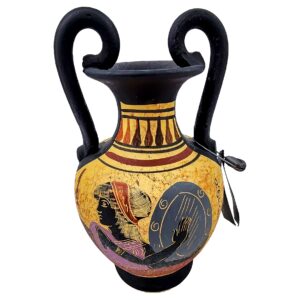 Réplica de ánfora de la mitología griega, pieza de museo, vasija/jarrón con asas, Afrodita, oro y negro.