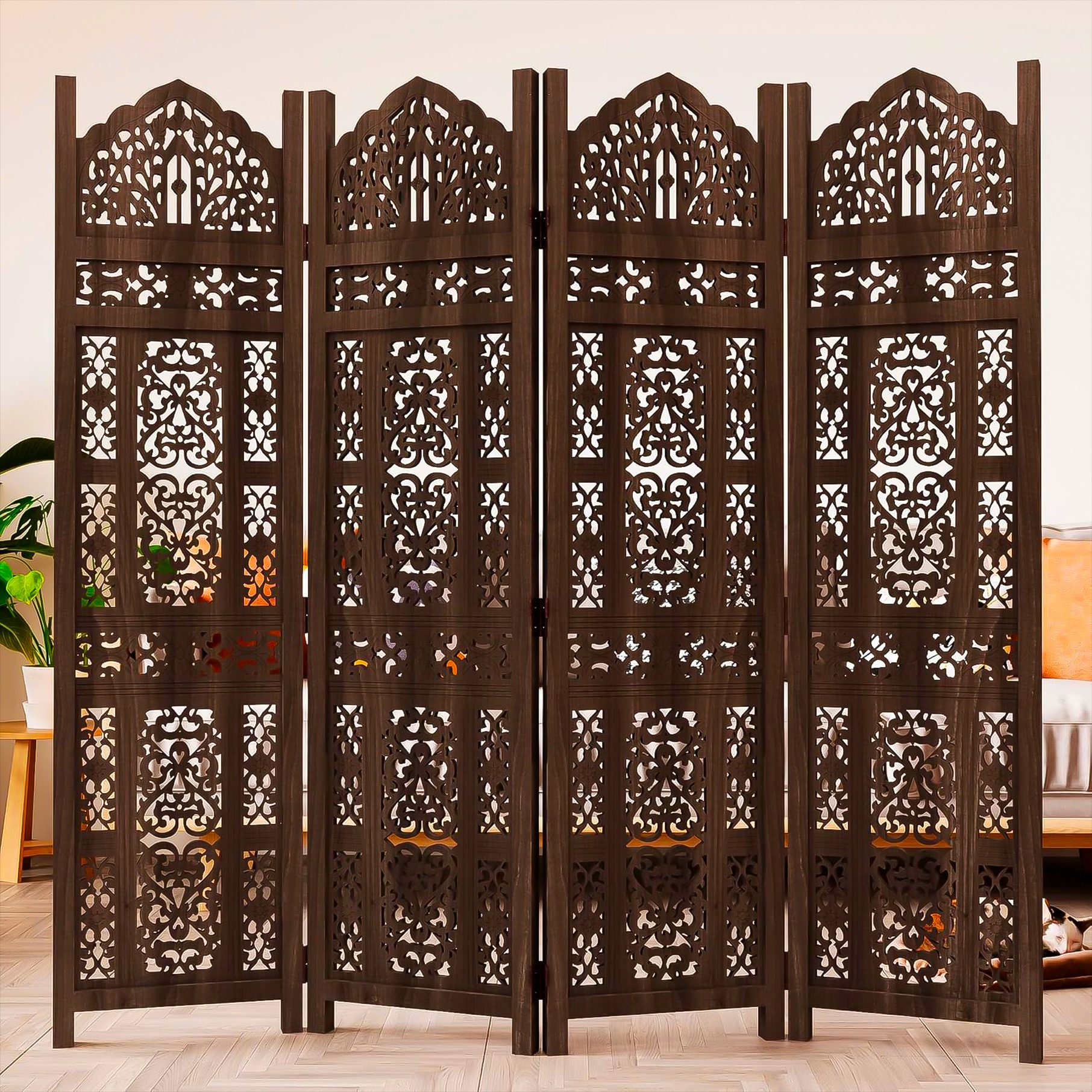 Biombo, divisor de espacios plegable, 4 paneles, diseño calado en madera 175cm alto x 184cm ancho