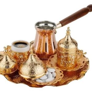 Set de café turco de metal, COLOR DORADO (1 bandeja circular, 1 cezve, 2 tazas y platos y 1 dulcera)