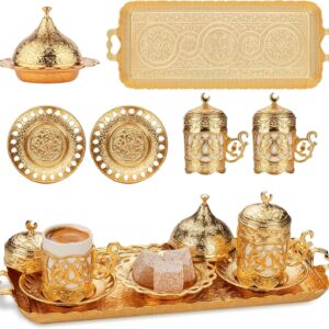set de café turco de metal, COLOR DORADO (1 bandeja rectangular, 1 cezve, 2 tazas y platos, 1 dulcera + sobres café) ALISVERISTIME