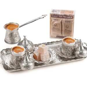 Set de café turco de metal, COLOR PLATEADO (1 bandeja rectangular, 1 cezve, 2 tazas y platos, 1 dulcera + sobres café) ALISVERISTIME