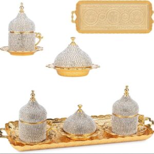 Set de café turco de metal, dorado y plateado con diamantes (1 bandeja rectangular, 2 tazas, 2 platos y 1 dulcera) ALISVERISTIME