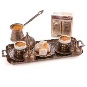 set de café turco de metal, COLOR COBRE(1 bandeja rectangular, 1 cezve, 2 tazas y platos, 1 dulcera y café)