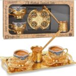 Set de café turco porcelana y metal (1 bandeja, 2 tazas, 2 platos, 1 cezve)