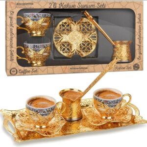 Set de café turco porcelana y metal (1 bandeja, 2 tazas, 2 platos, 1 cezve)
