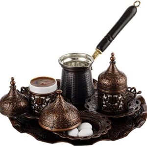 Set de café turco de metal, COLOR COBRE (1 bandeja circular, 1 cezve, 2 tazas y platos y 1 dulcera)