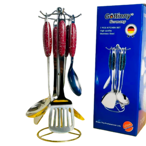Set 7 utensilios de cocina de acero con silicon,Haus Roland (KX 734-4)Gris: 4 Rojo: 5Negro:1