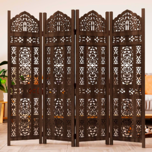 Biombo, divisor de espacios plegable, 4 paneles, diseño calado en madera  175cm alto x 184cm ancho