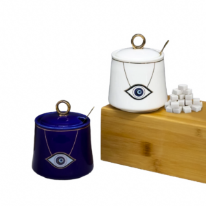 Azucarera porcelana blanca, diseño ojo turco, caja azul (KX 3081-W-2S)
