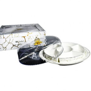 Bandeja porcelana + 6 divisiones + tapa , diseño grietas(KX 2459-W-8S)