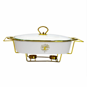 Bandeja porcelana blanca, para comida caliente, con base metalica y tapa, diseño arbol(KX 2843T-W-1S)