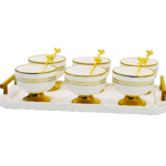 Set 6 copas de porcelana con bandeja y cucharas,diseño de lineas horizontales (KX 3325T-13S)