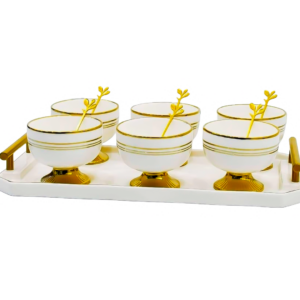 Set 6 copas de porcelana con bandeja y cucharas,diseño de lineas horizontales (KX 3325T-13S)