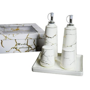 Set 4 piezas aceitero y especiero porcelana, base porcelana, diseño grietas (KX 2675MA-W-5S)
