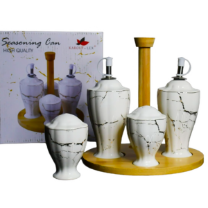Set 4 piezas aceitero y especiero porcelana, base madera,diseño grietas (KX 2375-668-W-4S)