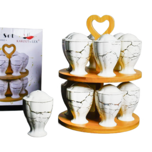Set 12 especieros porcelana, base madera 2 niveles,diseño grietas (KX 2375-16S )