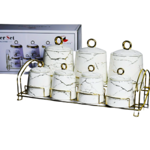 Set 7 especieros porcelana, base metalica, diseño grietas(KX 3185MA-W-7S)