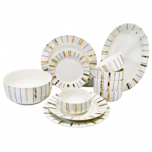 Set 26 platos porcelana, 6 formas, diseño lineas verticales(KX 10052B-W-26S)