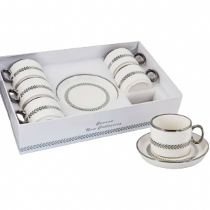 Set 6 tazas, 6 platos porcelana,diseño laurel plateado (KX 2912O-Y-12S)