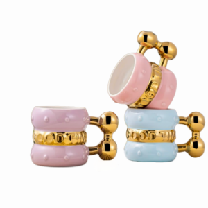 Taza individual porcelana, Celeste con dorado, (KX 7160-10)