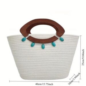 bolso de algodon con agarradero madera y accesorio turquesa. BEIGE y BLANCO
