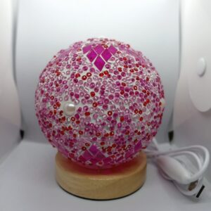 Lampara de mesa esférica, diseño vitral estrella rosa y perlas, Mostacilla rosa (Morocco powder)
