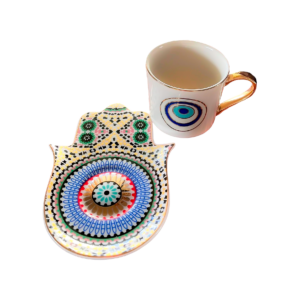 Taza blanca ojo turco, plato mano fatima multicolor(ZHBD0566)