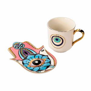Taza blanca ojo turco, plato mano fatima Rosa(ZHBD0563)