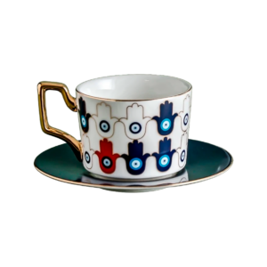 Taza blanca manos de fatima azul,plato ojo turco azul (ZHBD-CF0152)