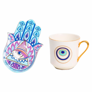Taza blanca ojo turco, plato mano fatima Celeste(ZHBD0565)