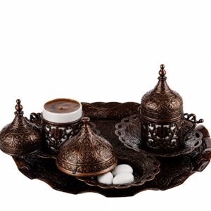 Set de café turco de metal, COLOR COBRE (1 bandeja circular,  2 tazas y platos y 1 dulcera)