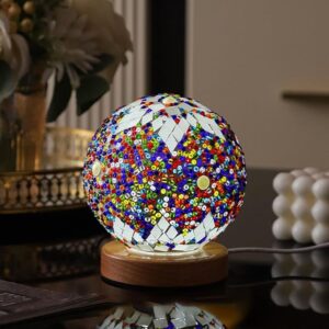 Lampara de mesa esférica, diseño vitral sol blanco y perlas, mostacilla multicolor (Morocco Blue)