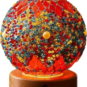 Lampara de mesa esférica, diseño vitral estrella naranja y perlas, mostacilla multicolor (Morocco Orange)