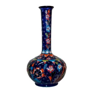 Jarrón de cerámica azul turco de 25 cm (10")  hecho a mano en Iznik con motivo floral en relieve