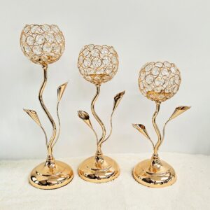 Set 3 portavelas flor de metal con diamantes
