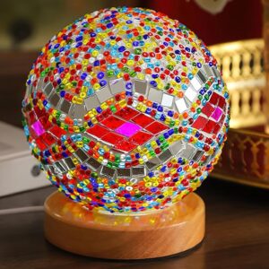 Lampara de mesa esférica, diseño ondas con espejo y mostacilla multicolor ( Baroque model A Powder )