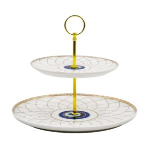Bandeja dos niveles porcelana,diseño ojo turco, caja azul(KX26823-LAYER-W-2S)