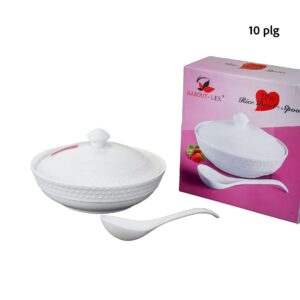 Bowl tipo arrocera de porcelana con tapadera y cuchara, tamaño mediano, caja rosa (KX 3186-10´´)