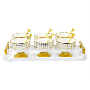 Set 6 copas de porcelana, con bandeja y cucharas diseño cuadricula (KX 3325N1-13S)