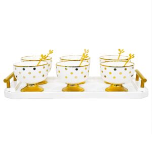 Set 6 copas de porcelana, con bandeja y cucharas,diseño de puntos (KX 3325N2-13S)