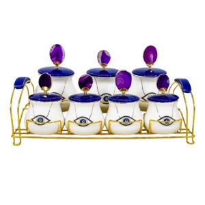 Set 7 especieros porcelana, base metalica, dise?o ojo turco(KX 2687-W&BU-9S) LILA