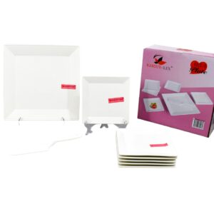 Set 7 platos porcelana + utensilio, cuadrados planos, 2 tamaños, caja rosa (KX 3366-10´´+6´´)